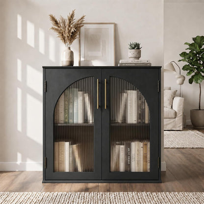 Black arched sideboard cabinet with fluted glass doors