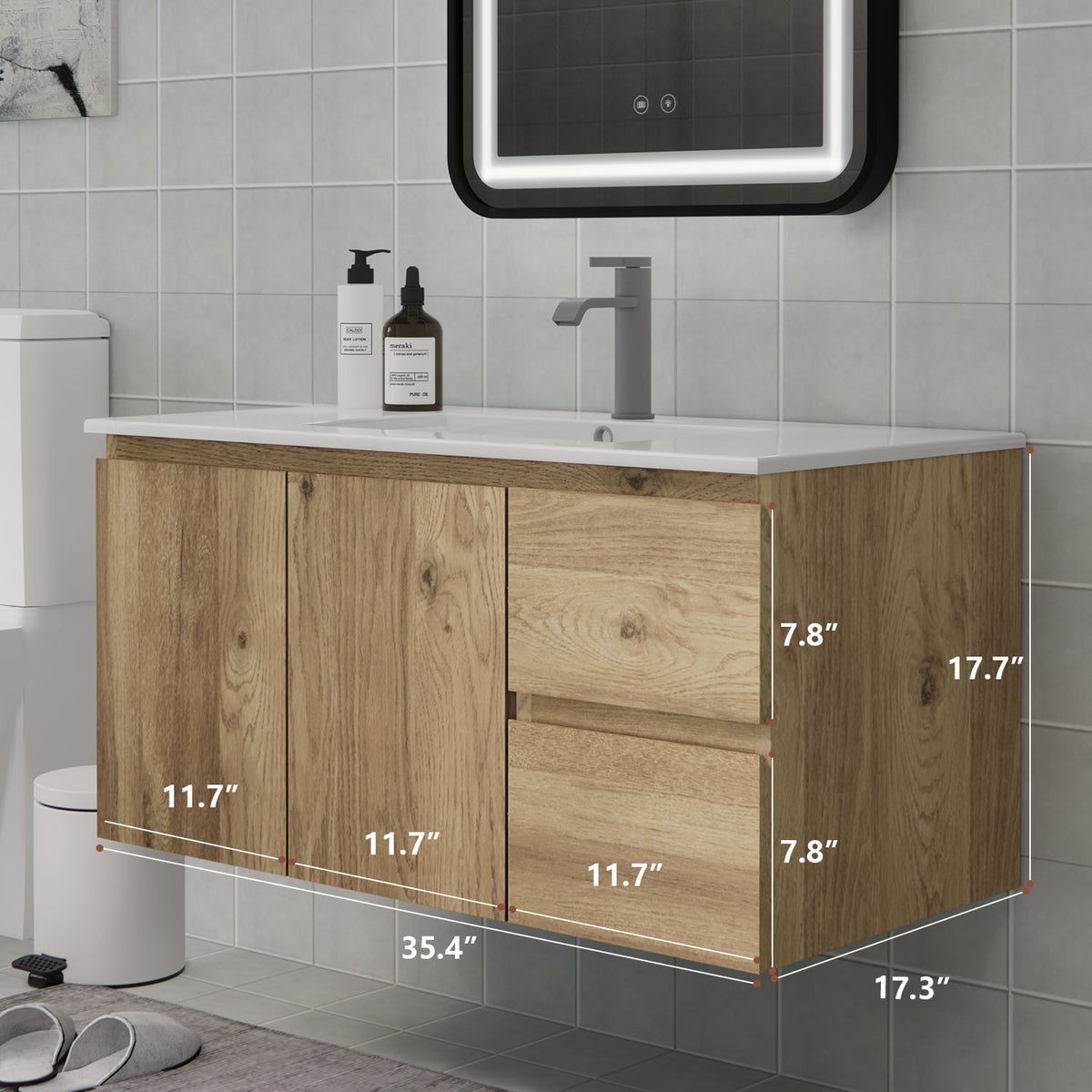 Dimension diagram for the CHYANMOO 36-inch floating bathroom vanity