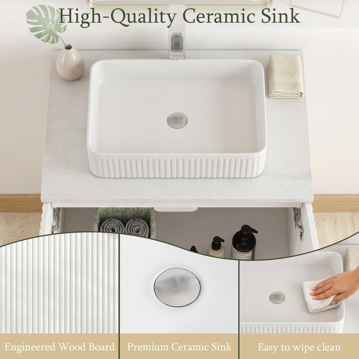 CHYANMOO® 30"  Bathroom Vanity with Sink, Modern Fluted Freestanding Bathroom Sink Vanity with Ceramic Top & Soft-Closing Doors