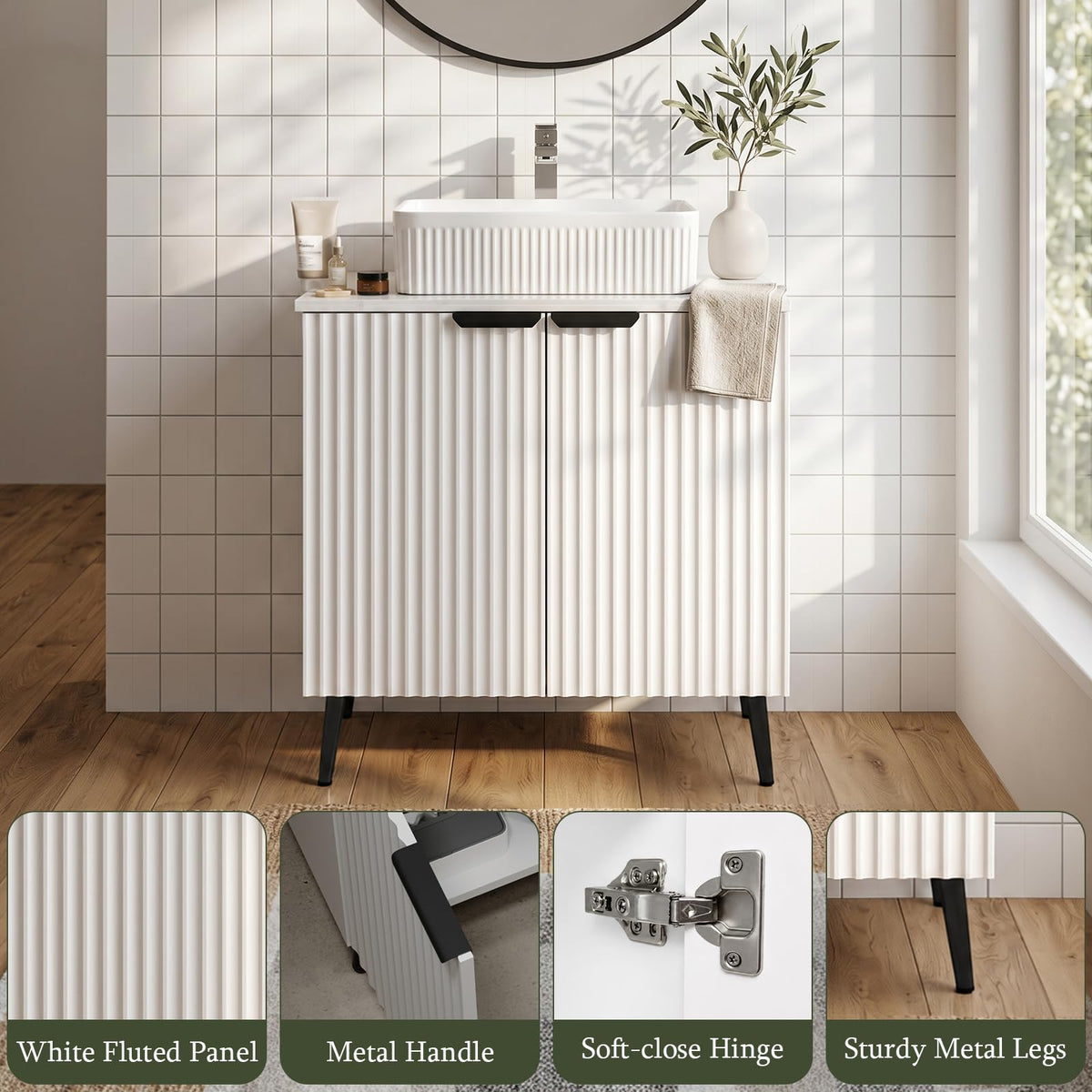 CHYANMOO® 30"  Bathroom Vanity with Sink, Modern Fluted Freestanding Bathroom Sink Vanity with Ceramic Top & Soft-Closing Doors