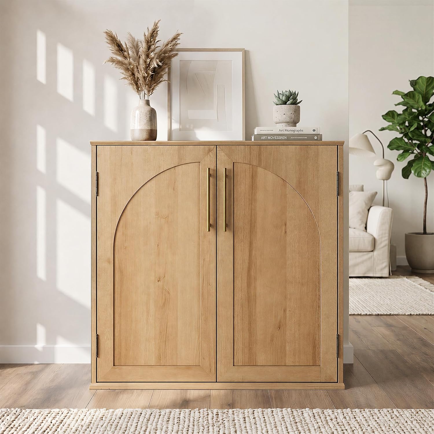 Light wood arched sideboard buffet cabinet with storage
