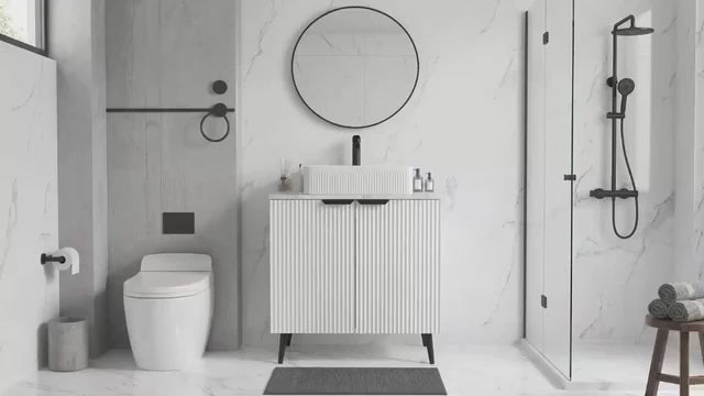 CHYANMOO® 30"  Bathroom Vanity with Sink, Modern Fluted Freestanding Bathroom Sink Vanity with Ceramic Top & Soft-Closing Doors