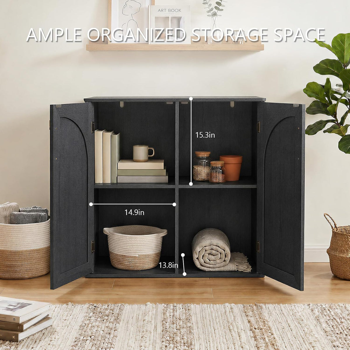 Black sideboard cabinet with doors open and interior storage