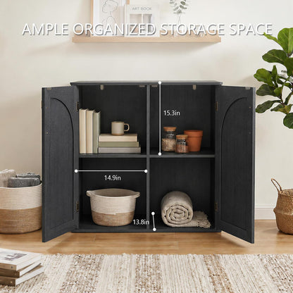 Black sideboard cabinet with doors open and interior storage