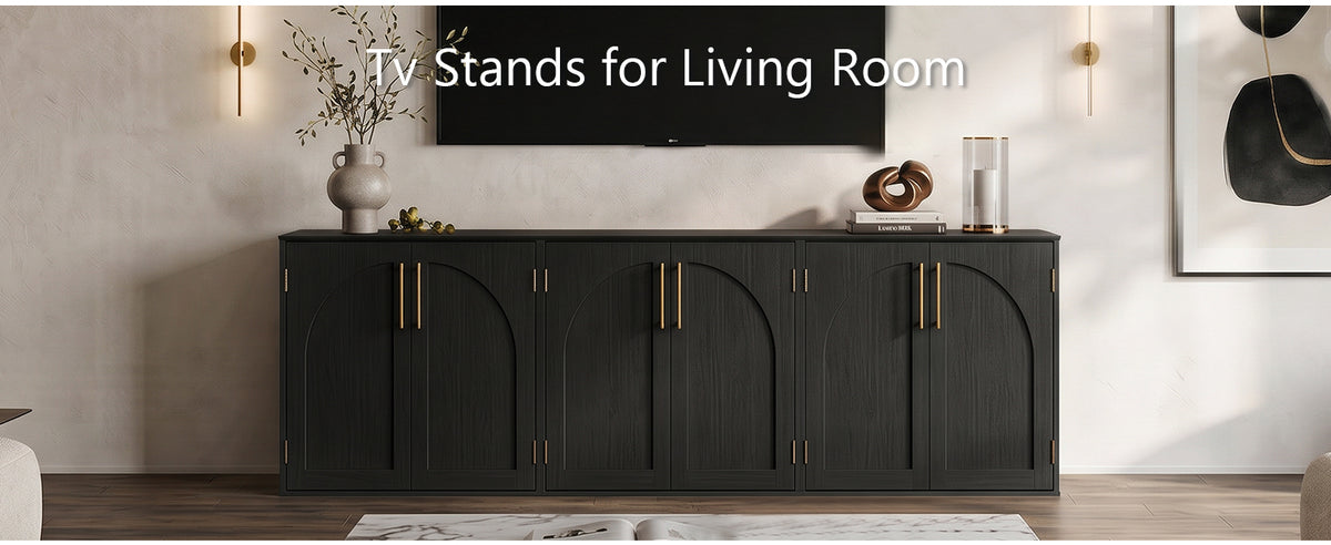 Black sideboard cabinets arranged as a living room TV stand