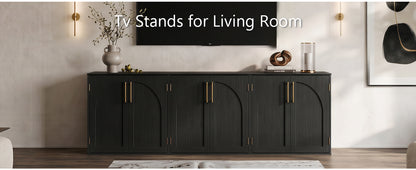 Black sideboard cabinets arranged as a living room TV stand