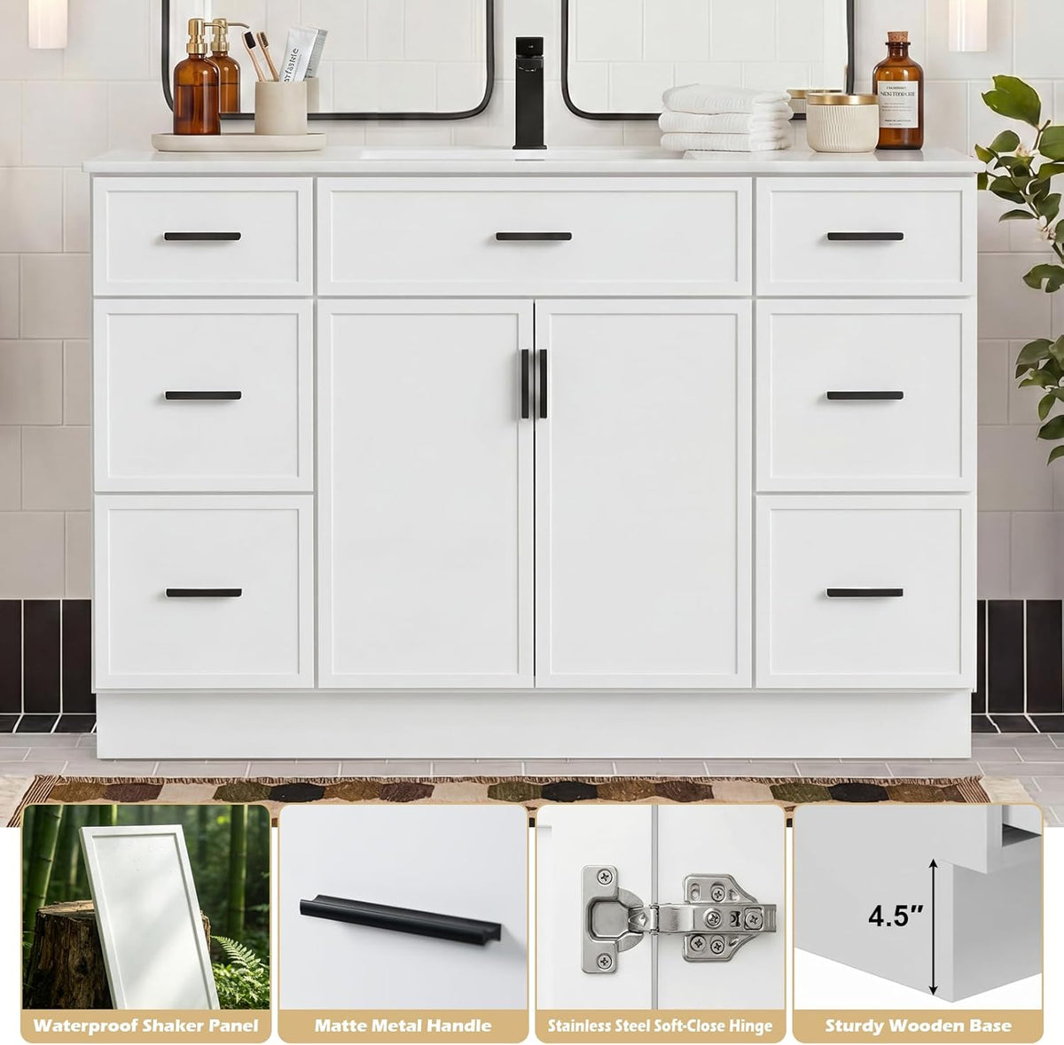Black handles on white bathroom vanity drawers and cabinet doors